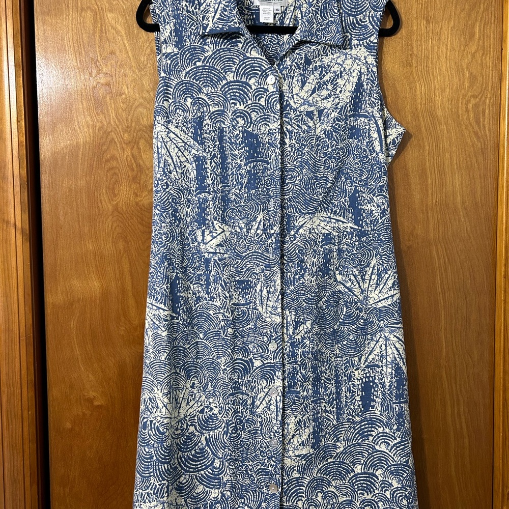 Coldwater Creek Blue & White Sleeveless Shirt Dress